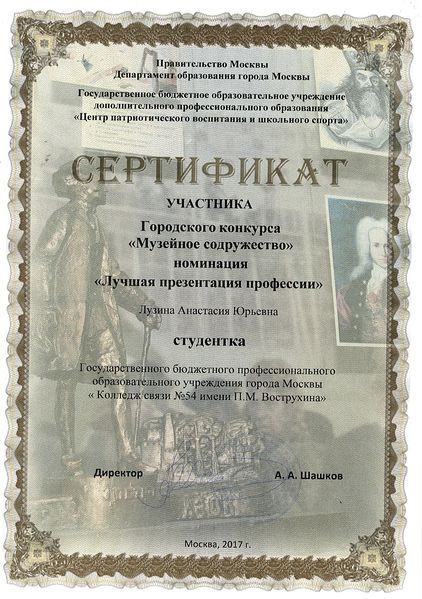Файл:Сертификат участника Городского конкурса Музейное содружество Лузина Добрышкина 2017.jpg