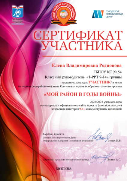 Файл:Сертификат участника Мой район в годы войны Родионова 2023.png