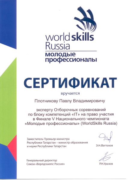 Файл:Сертификат эксперта отборочных соревнований WSR Плотников П.В..jpg