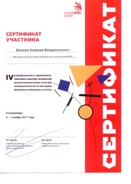 Файл:Сертификат участника чемпионата WSR Hi-Tech, Блинов А.В., 2017.jpg