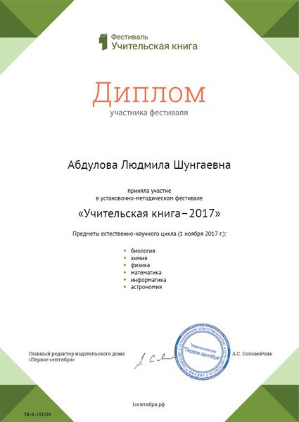Файл:Диплом участника фестиваля Учтельская книга ноябрь 2017 Абдулова.jpg